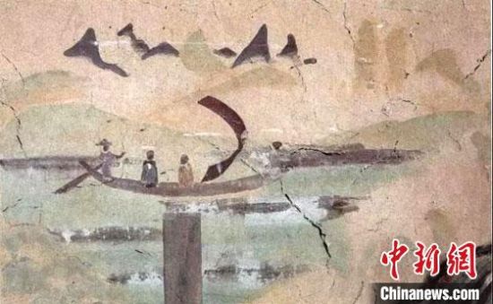 “一人搖櫓晃扁舟，兩人撐篙水上漂?！眻D為莫高窟第323窟《搖櫓帆船》（初唐）?！《鼗脱芯吭汗﹫D