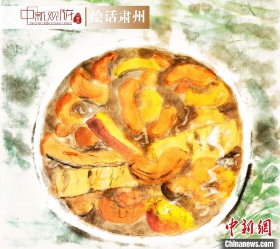 圖為酒泉美食“糊鍋”繪畫作品。　杜興彥 攝