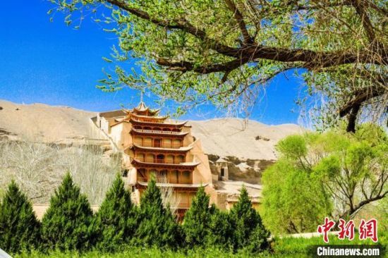 4月的敦煌莫高窟景區(qū)春意盎然。(資料圖) 王斌銀 攝