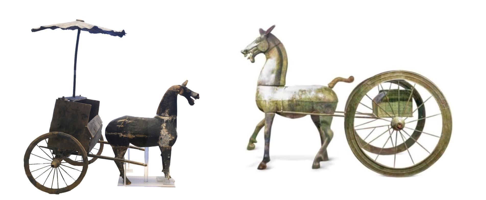 △左為漢代木軺車，藏于青海省博物館；右為東漢銅車馬，藏于黔西南州博物館。